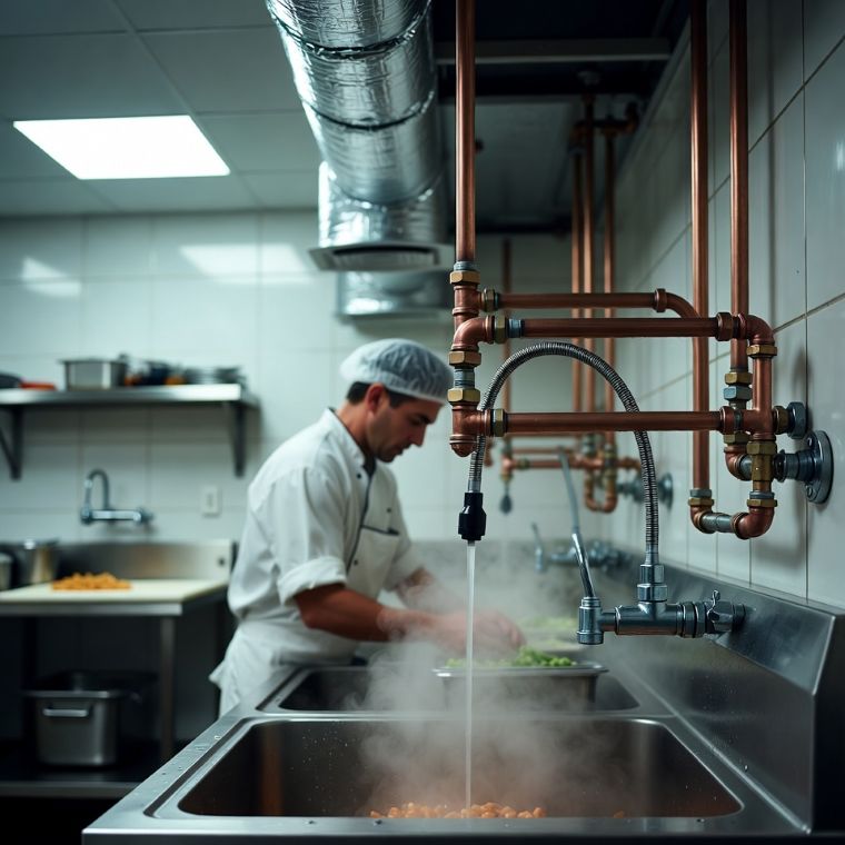 commercial kitchen with visible plumbing and HVAC ducts