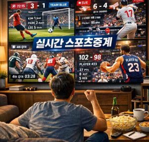 A fan watching multiple live sports on a large screen with overlay graphics displaying scores, player stats, and a Korean text banner reading “실시간 스포츠중계 (Live Sports Broadcast)”.