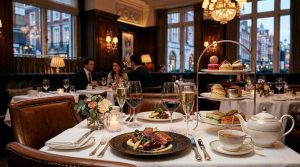 Luxury dining scene in Mayfair London hotel, gourmet dishes with artistic plating, elegant afternoon tea setup with pastries and tea